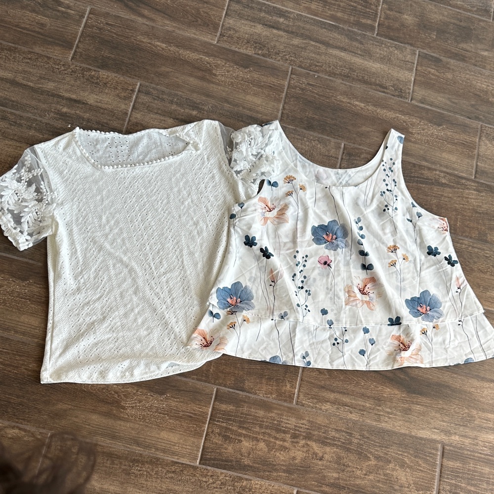 2 blouses 1 Floral Embroidered Women's  and -1 floral White and Blue